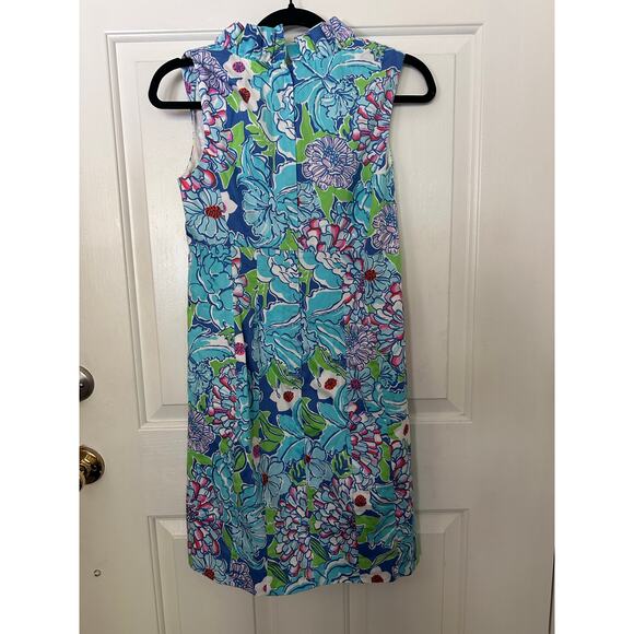 Lilly Pulitzer Adeline Shift Dress Size 0 Worth Blue May Flower Ruffle Trim - Picture 5 of 6